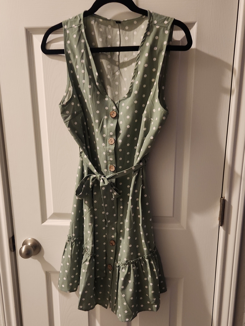 Polka Dot Tie-Waist Sleeveless Dress in Sage Green